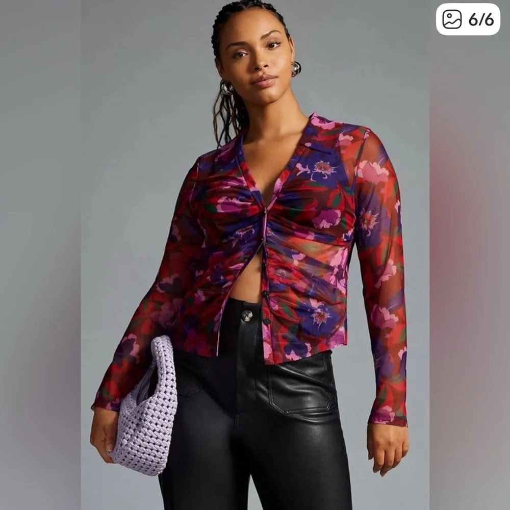 Maeve Anthropologie Sheer Ruched Buttondown Floral Blouse in Multicolor L - Picture 2 of 5